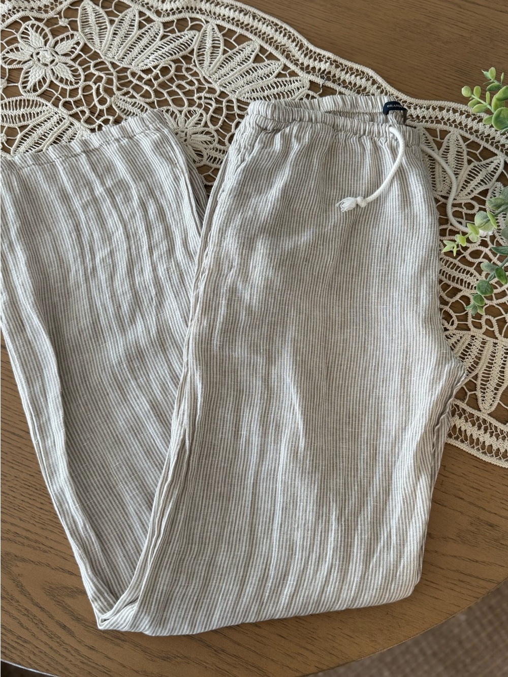 Brandy Melville 100% Linen Striped Wide Leg Drawstring Pants Beige White